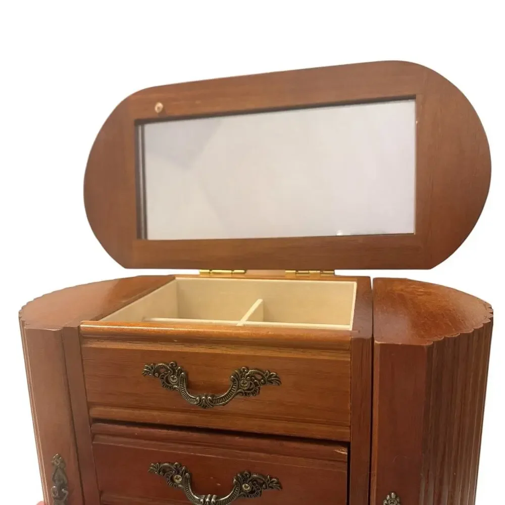 Vintage Wooden Jewelry Box Mirror Ring Necklace Bracelet Earring Organizer 3708C